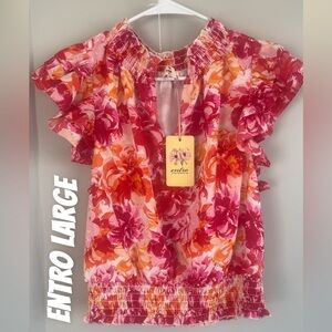 Entro Women's Floral Smocked Ruffle Blouse Large NWT